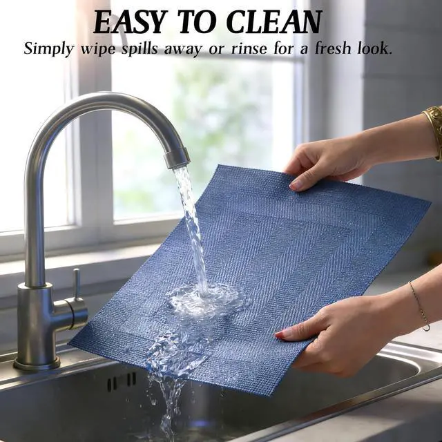 Alt view image 3 of 7 - Blue Placemats Set of 4, Heat Resistant Non-Slip Place Mats, Durable Washable PVC Vinyl Woven Table Mats, Wipeable Placemats for Dining Table Easy to Clean
