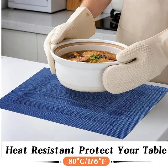 Alt view image 4 of 7 - Blue Placemats Set of 4, Heat Resistant Non-Slip Place Mats, Durable Washable PVC Vinyl Woven Table Mats, Wipeable Placemats for Dining Table Easy to Clean
