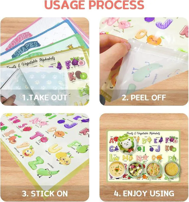 Alt view image 6 of 6 - Disposable Placemats for Baby Kids Placemats for Restaurants Dining Table, Sticky Disposable Placemats for Toddlers - Animal, Fruit, Alphabet, Star, and Shape Designs, 40-Pack, 12x16 Inches