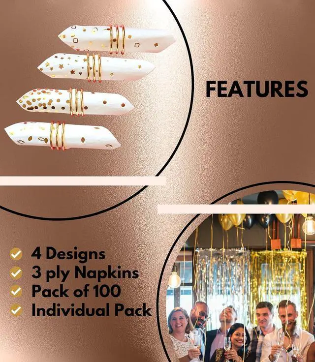Alt view image 4 of 7 - 100 PK Gold Napkins - 4 Assorted Designs - 3-Ply Cocktail Napkins Folded 5 x 5 Inches Bar Napkins Disposable Party Napkins Paper Napkins Dinner for Wedding Baby Shower Birthday Graduation 2023