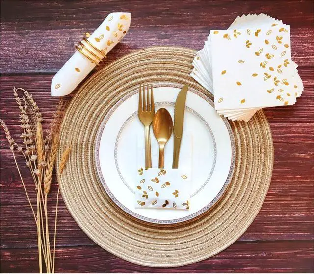 Alt view image 6 of 7 - 100 PK Gold Napkins - 4 Assorted Designs - 3-Ply Cocktail Napkins Folded 5 x 5 Inches Bar Napkins Disposable Party Napkins Paper Napkins Dinner for Wedding Baby Shower Birthday Graduation 2023