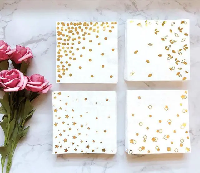 Alt view image 7 of 7 - 100 PK Gold Napkins - 4 Assorted Designs - 3-Ply Cocktail Napkins Folded 5 x 5 Inches Bar Napkins Disposable Party Napkins Paper Napkins Dinner for Wedding Baby Shower Birthday Graduation 2023