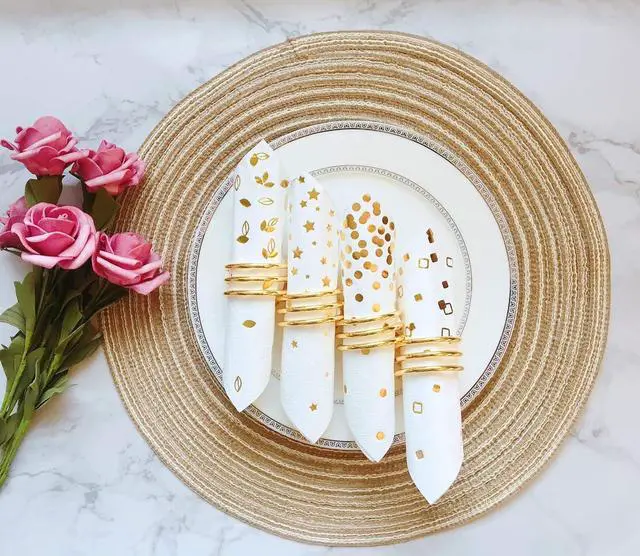Alt view image 2 of 7 - 100 PK Gold Napkins - 4 Assorted Designs - 3-Ply Cocktail Napkins Folded 5 x 5 Inches Bar Napkins Disposable Party Napkins Paper Napkins Dinner for Wedding Baby Shower Birthday Graduation 2023