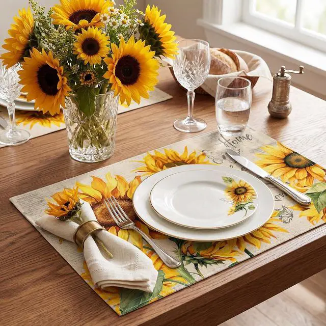 Alt view image 3 of 7 - Sunflower Placemats Set of 4, Spring Summer Sunshine Table Mats 12x18 Inch, Farmhouse Washable Table Decor for Kitchen Dining Indoor Outdoor Party Holiday