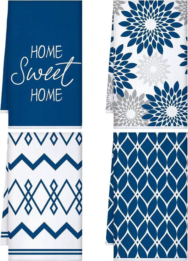 Main image of 4 Pcs Blue Kitchen Towels Floral Dish Cloths Geometric Tea Towel Boho Decorative Hand Towels Absorbent Plaid Dishcloths Nautical Kitchen Accessories for Home Decor Bathroom Housewarming Gifts
