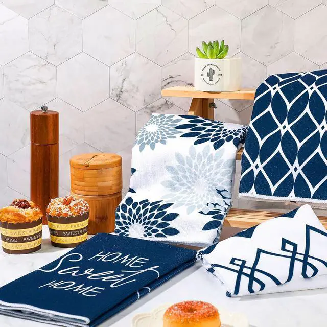 Alt view image 3 of 6 - 4 Pcs Blue Kitchen Towels Floral Dish Cloths Geometric Tea Towel Boho Decorative Hand Towels Absorbent Plaid Dishcloths Nautical Kitchen Accessories for Home Decor Bathroom Housewarming Gifts