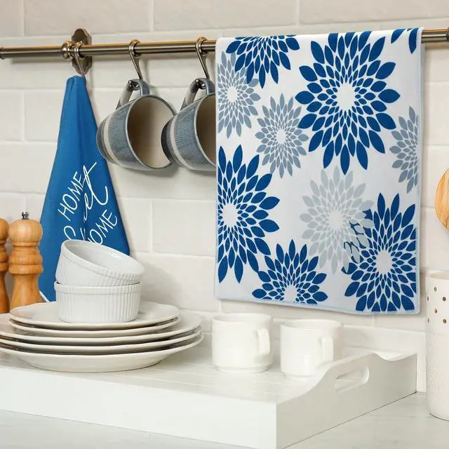 Alt view image 2 of 6 - 4 Pcs Blue Kitchen Towels Floral Dish Cloths Geometric Tea Towel Boho Decorative Hand Towels Absorbent Plaid Dishcloths Nautical Kitchen Accessories for Home Decor Bathroom Housewarming Gifts
