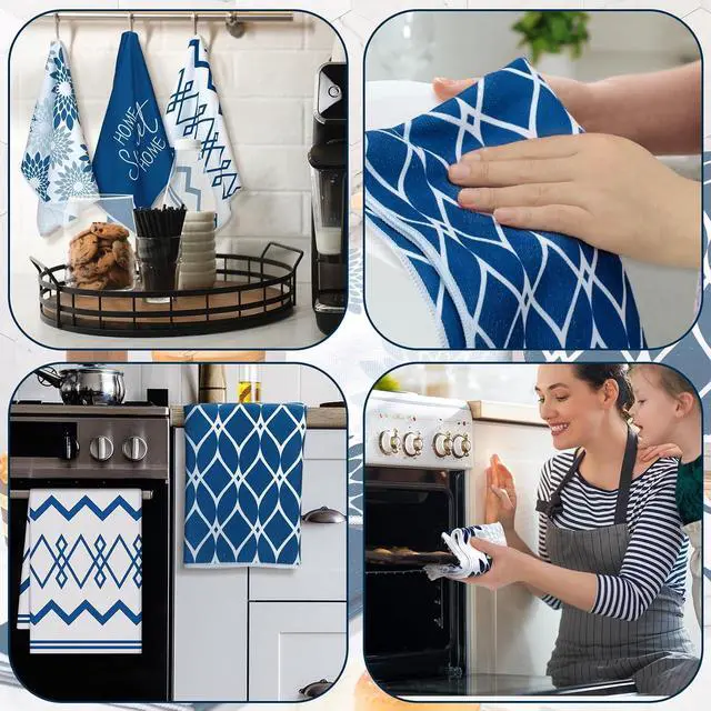 Alt view image 5 of 6 - 4 Pcs Blue Kitchen Towels Floral Dish Cloths Geometric Tea Towel Boho Decorative Hand Towels Absorbent Plaid Dishcloths Nautical Kitchen Accessories for Home Decor Bathroom Housewarming Gifts