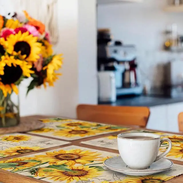 Alt view image 5 of 7 - Sunflower Placemats Set of 4, Spring Summer Sunshine Table Mats 12x18 Inch, Farmhouse Washable Table Decor for Kitchen Dining Indoor Outdoor Party Holiday