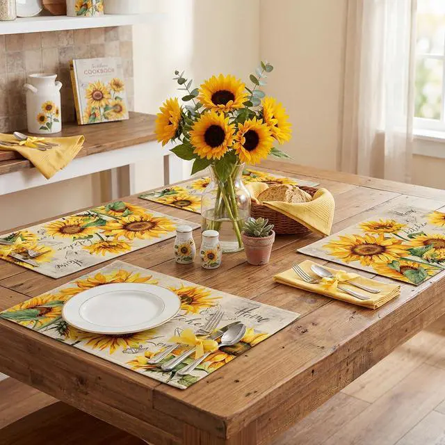Alt view image 7 of 7 - Sunflower Placemats Set of 4, Spring Summer Sunshine Table Mats 12x18 Inch, Farmhouse Washable Table Decor for Kitchen Dining Indoor Outdoor Party Holiday