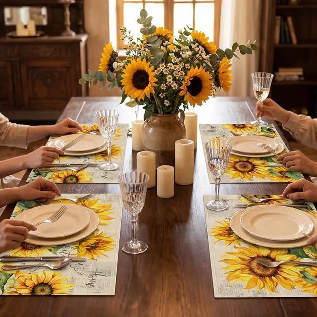 Alt view image 4 of 7 - Sunflower Placemats Set of 4, Spring Summer Sunshine Table Mats 12x18 Inch, Farmhouse Washable Table Decor for Kitchen Dining Indoor Outdoor Party Holiday