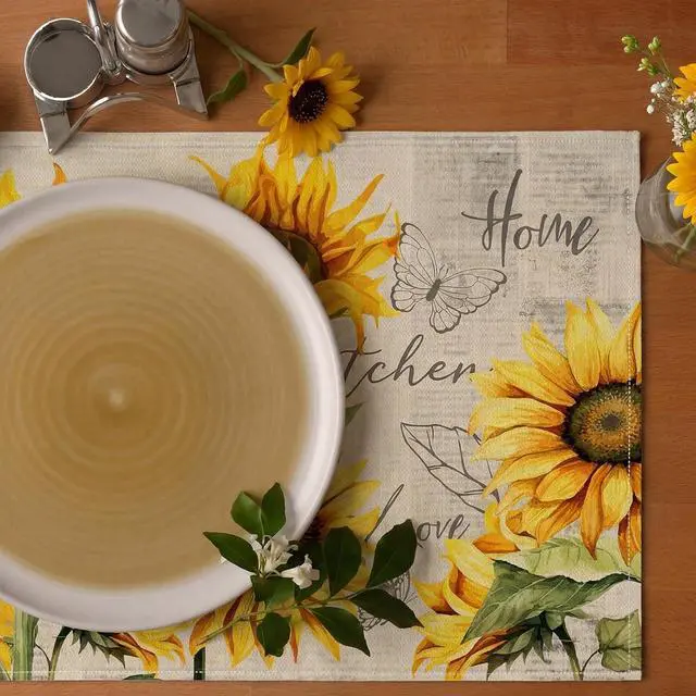 Alt view image 6 of 7 - Sunflower Placemats Set of 4, Spring Summer Sunshine Table Mats 12x18 Inch, Farmhouse Washable Table Decor for Kitchen Dining Indoor Outdoor Party Holiday
