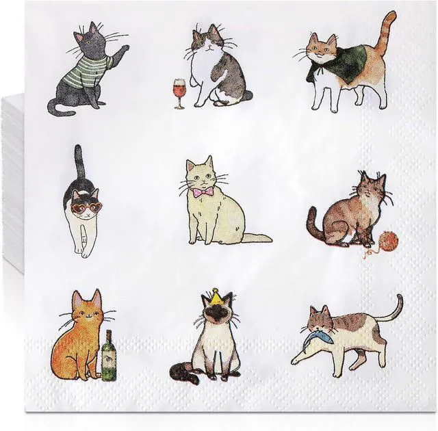 Main image of 60 Pcs Sweet Cat Life Cocktail Napkins 5 x 5 Inch Disposable Beverage Paper Napkins Decorative Dinner Decor for Baby Shower Birthday Home Table Party Supplies