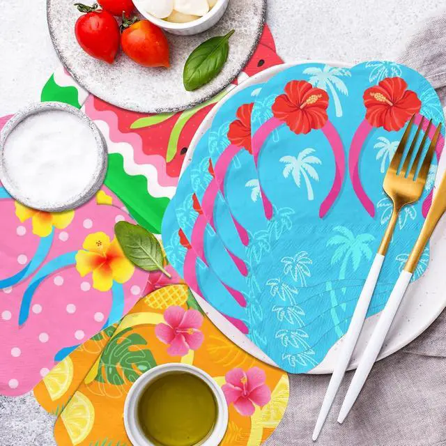 Alt view image 6 of 6 - 50Pcs Hawaiian Luau Napkins Hawaiian Tropical Napkins Flip-flops Summer Paper Napkin Aloha Party Decorations with Hibiscus Flowers Palm Leaves for Ocean Beach Pool Party Dinner Kitchen Bathroom