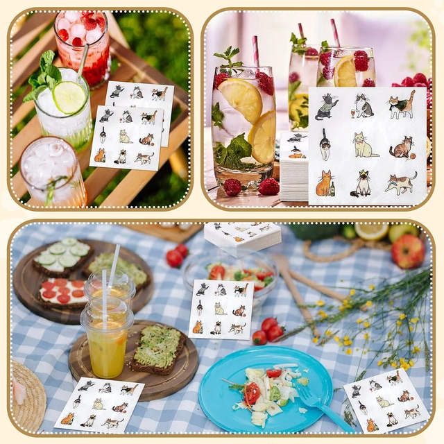 Alt view image 5 of 6 - 60 Pcs Sweet Cat Life Cocktail Napkins 5 x 5 Inch Disposable Beverage Paper Napkins Decorative Dinner Decor for Baby Shower Birthday Home Table Party Supplies