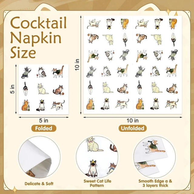 Alt view image 2 of 6 - 60 Pcs Sweet Cat Life Cocktail Napkins 5 x 5 Inch Disposable Beverage Paper Napkins Decorative Dinner Decor for Baby Shower Birthday Home Table Party Supplies
