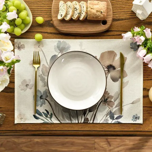 Alt view image 2 of 7 - Brown Poppy Floral Leaves Fall Placemats Set of 4, 12x18 Inch Seasonal Spring Table Mats for Party Kitchen Dining Decoration