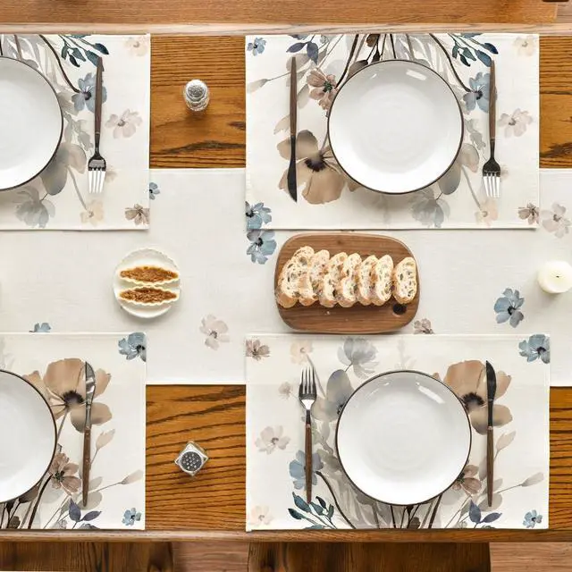Alt view image 5 of 7 - Brown Poppy Floral Leaves Fall Placemats Set of 4, 12x18 Inch Seasonal Spring Table Mats for Party Kitchen Dining Decoration