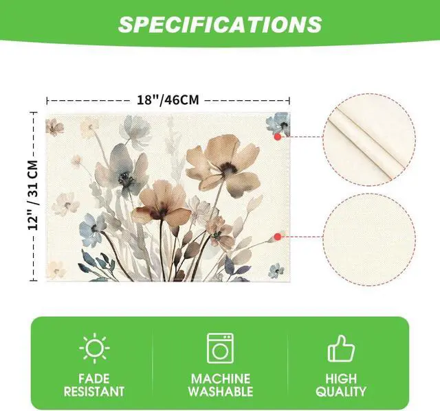 Alt view image 6 of 7 - Brown Poppy Floral Leaves Fall Placemats Set of 4, 12x18 Inch Seasonal Spring Table Mats for Party Kitchen Dining Decoration