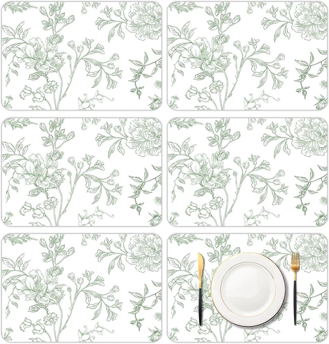 Main image of 6 Pcs Green Flower Plastic Placemats, 11x16 Inch Summer Green Porcelain Floral Placemats Seasonal Washable Chinoiserie Table Mats for Wedding Baby Shower Birthday Party Kitchen Decoration