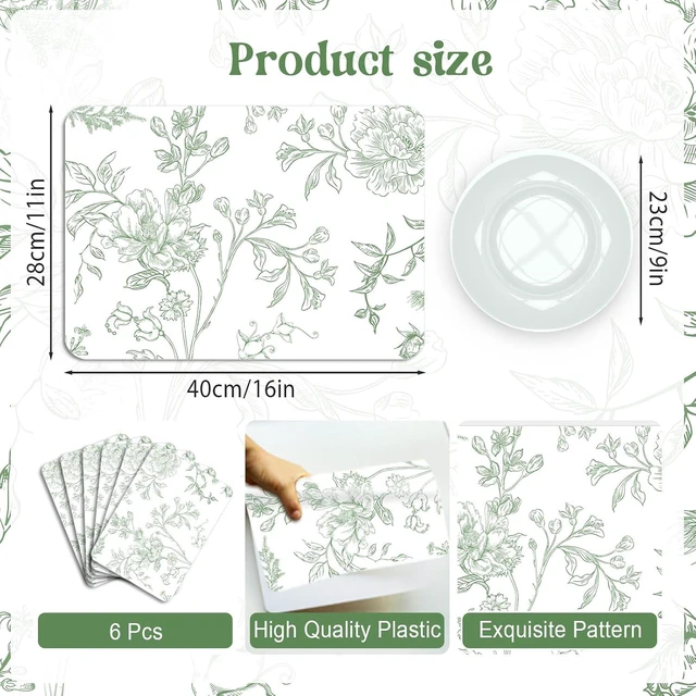 Alt view image 2 of 7 - 6 Pcs Green Flower Plastic Placemats, 11x16 Inch Summer Green Porcelain Floral Placemats Seasonal Washable Chinoiserie Table Mats for Wedding Baby Shower Birthday Party Kitchen Decoration