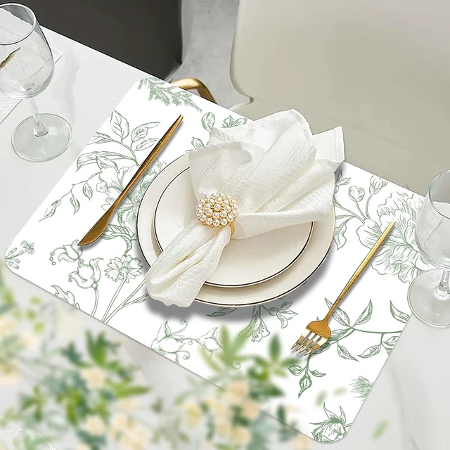 Alt view image 4 of 7 - 6 Pcs Green Flower Plastic Placemats, 11x16 Inch Summer Green Porcelain Floral Placemats Seasonal Washable Chinoiserie Table Mats for Wedding Baby Shower Birthday Party Kitchen Decoration