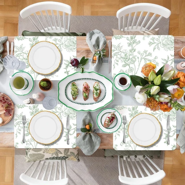 Alt view image 6 of 7 - 6 Pcs Green Flower Plastic Placemats, 11x16 Inch Summer Green Porcelain Floral Placemats Seasonal Washable Chinoiserie Table Mats for Wedding Baby Shower Birthday Party Kitchen Decoration