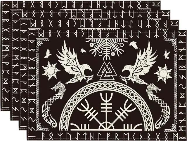 Main image of Black Viking Tree of Life Raven Helmet of Awe Placemats Set of 4,12x18 Inch Seasonal Table Mats for Party Kitchen Dining Decoration
