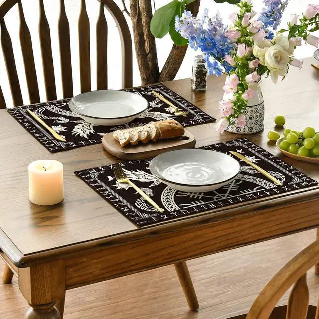 Alt view image 3 of 6 - Black Viking Tree of Life Raven Helmet of Awe Placemats Set of 4,12x18 Inch Seasonal Table Mats for Party Kitchen Dining Decoration