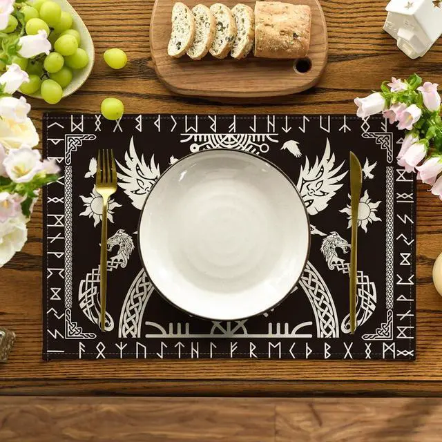 Alt view image 2 of 6 - Black Viking Tree of Life Raven Helmet of Awe Placemats Set of 4,12x18 Inch Seasonal Table Mats for Party Kitchen Dining Decoration