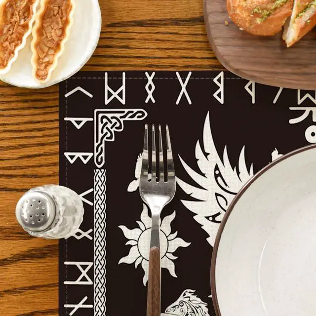 Alt view image 6 of 6 - Black Viking Tree of Life Raven Helmet of Awe Placemats Set of 4,12x18 Inch Seasonal Table Mats for Party Kitchen Dining Decoration