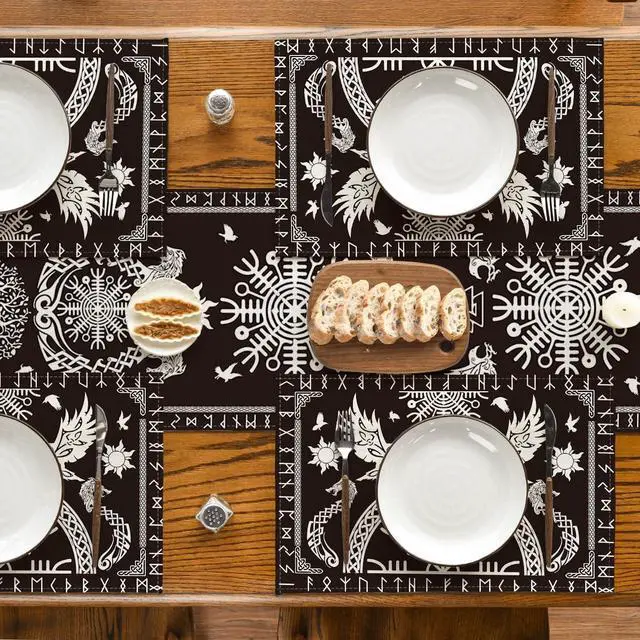 Alt view image 5 of 6 - Black Viking Tree of Life Raven Helmet of Awe Placemats Set of 4,12x18 Inch Seasonal Table Mats for Party Kitchen Dining Decoration
