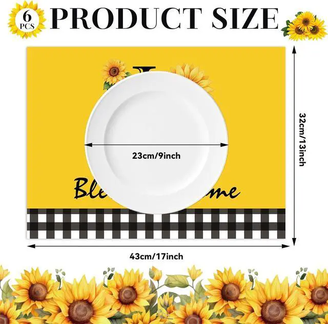 Alt view image 2 of 7 - Sunflower Placemats Set of 6 Summer Table Mats Washable Square Place Mats Sunflower Square Placemat for Dining Decor Plastic Hello Summer Party Kitchen Dining Decoration and Table Supply