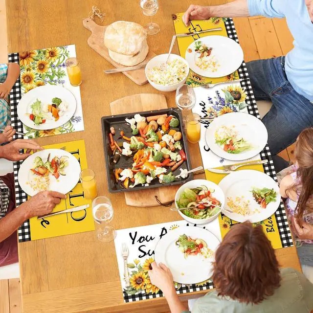 Alt view image 6 of 7 - Sunflower Placemats Set of 6 Summer Table Mats Washable Square Place Mats Sunflower Square Placemat for Dining Decor Plastic Hello Summer Party Kitchen Dining Decoration and Table Supply