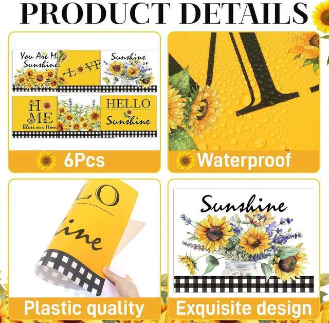 Alt view image 3 of 7 - Sunflower Placemats Set of 6 Summer Table Mats Washable Square Place Mats Sunflower Square Placemat for Dining Decor Plastic Hello Summer Party Kitchen Dining Decoration and Table Supply