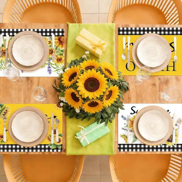 Alt view image 5 of 7 - Sunflower Placemats Set of 6 Summer Table Mats Washable Square Place Mats Sunflower Square Placemat for Dining Decor Plastic Hello Summer Party Kitchen Dining Decoration and Table Supply