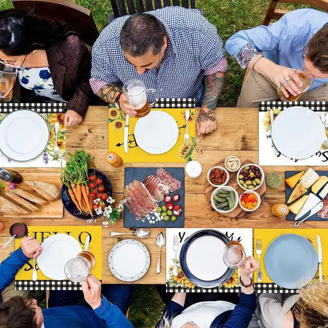Alt view image 7 of 7 - Sunflower Placemats Set of 6 Summer Table Mats Washable Square Place Mats Sunflower Square Placemat for Dining Decor Plastic Hello Summer Party Kitchen Dining Decoration and Table Supply