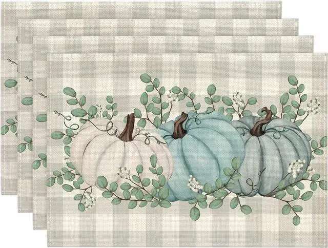 Main image of Pumpkins Eucalyptus Leaves Fall Placemats Set of 4, 12x18 Inch Autumn Thanksgiving Harvest Vintage Table Mat for Party Dining Decoration