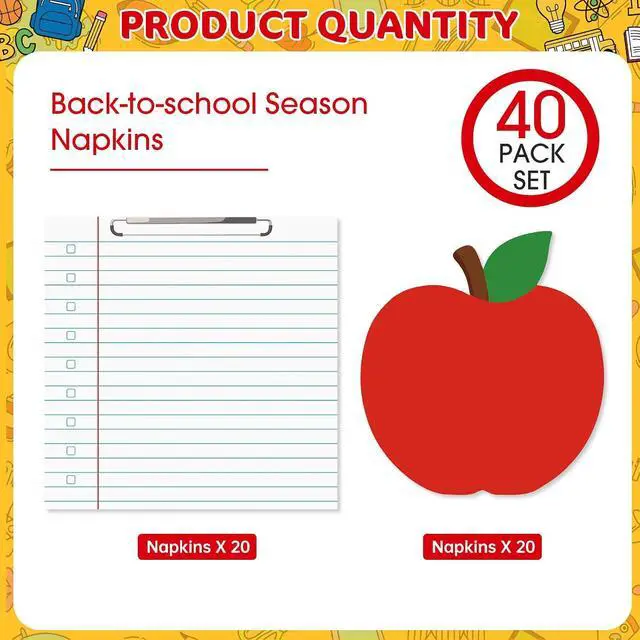 Alt view image 4 of 7 - 40 Pcs Back to School Paper Napkins - Disposable Apple and Notebook Designs Teacher Napkins for All Grades First Day of School Party Supplies Table Decorations