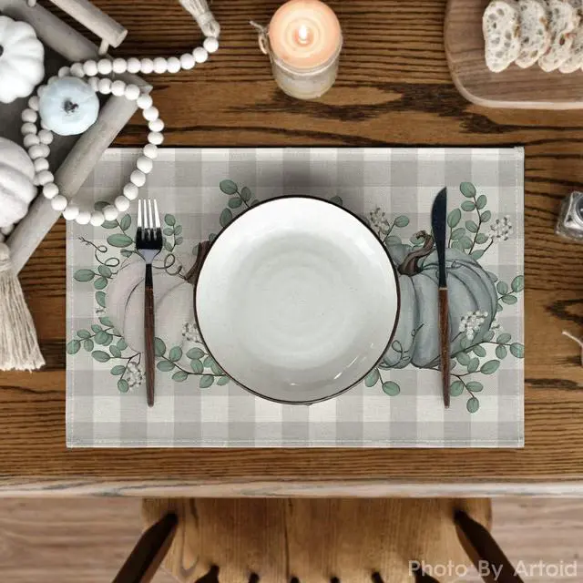 Alt view image 2 of 6 - Pumpkins Eucalyptus Leaves Fall Placemats Set of 4, 12x18 Inch Autumn Thanksgiving Harvest Vintage Table Mat for Party Dining Decoration