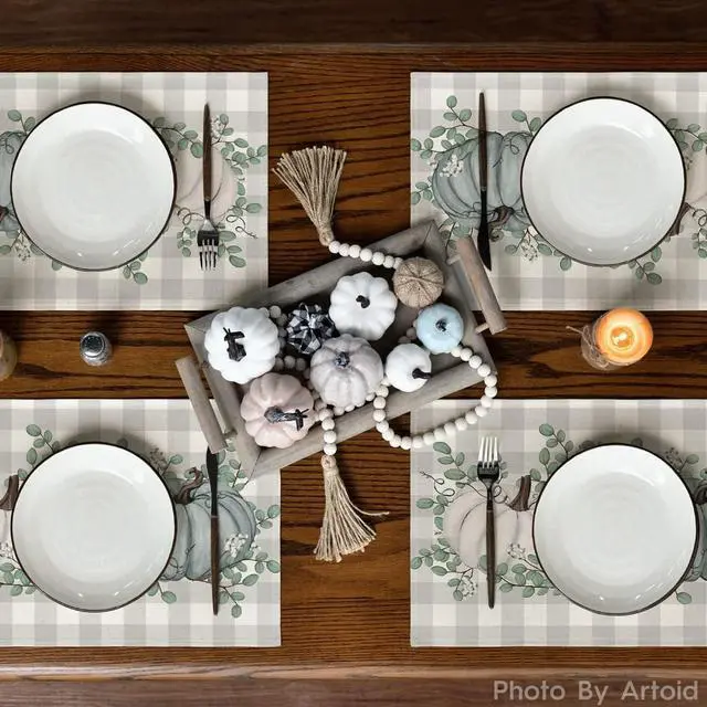Alt view image 3 of 6 - Pumpkins Eucalyptus Leaves Fall Placemats Set of 4, 12x18 Inch Autumn Thanksgiving Harvest Vintage Table Mat for Party Dining Decoration