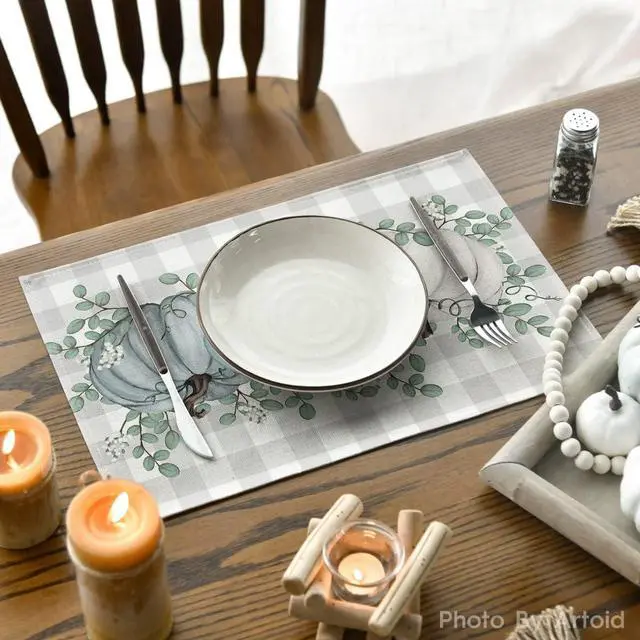 Alt view image 4 of 6 - Pumpkins Eucalyptus Leaves Fall Placemats Set of 4, 12x18 Inch Autumn Thanksgiving Harvest Vintage Table Mat for Party Dining Decoration