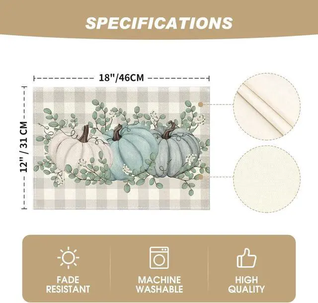 Alt view image 5 of 6 - Pumpkins Eucalyptus Leaves Fall Placemats Set of 4, 12x18 Inch Autumn Thanksgiving Harvest Vintage Table Mat for Party Dining Decoration