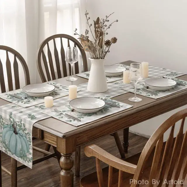 Alt view image 6 of 6 - Pumpkins Eucalyptus Leaves Fall Placemats Set of 4, 12x18 Inch Autumn Thanksgiving Harvest Vintage Table Mat for Party Dining Decoration