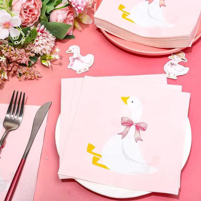 Alt view image 3 of 7 - 50Pcs One Silly Goose Paper Napkins, Pink Bow Goose | Disposable Luncheon Dinner Napkin, For Birthday Baby Shower Party Supplies Table Decor