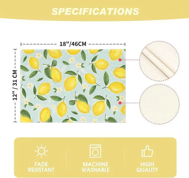Alt view image 6 of 7 - Blue Lemon Flower Floral Summer Placemats Set of 4,12x18 Inch Seasonal Spring Table Mats for Party Kitchen Dining Decoration