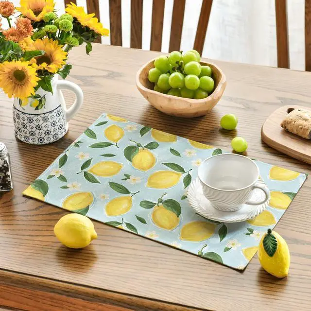 Alt view image 3 of 7 - Blue Lemon Flower Floral Summer Placemats Set of 4,12x18 Inch Seasonal Spring Table Mats for Party Kitchen Dining Decoration