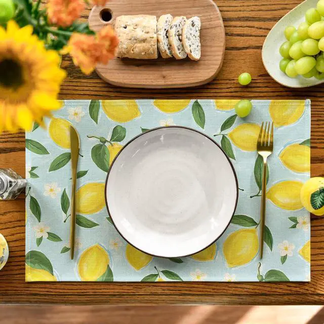 Alt view image 2 of 7 - Blue Lemon Flower Floral Summer Placemats Set of 4,12x18 Inch Seasonal Spring Table Mats for Party Kitchen Dining Decoration