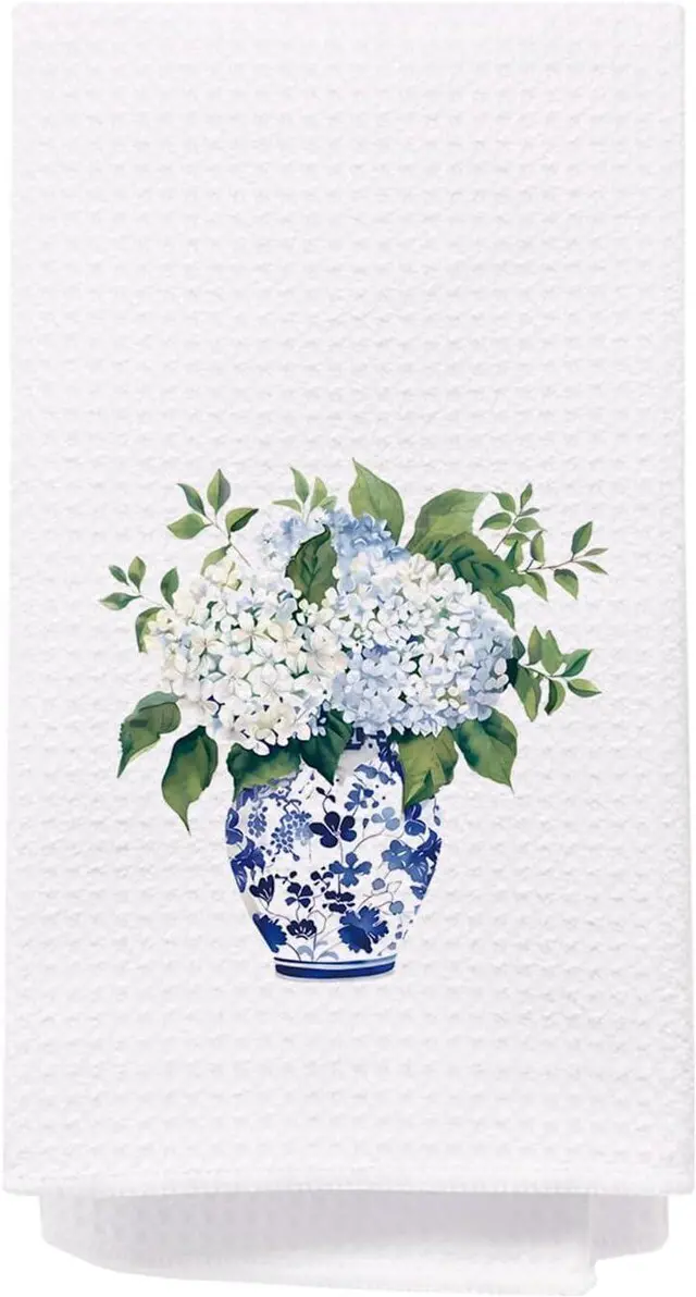 Main image of Blue and white Hydrangea Chinoiserie Kitchen Towels, Blue Floral Dish Towels for Kitchen, Blue and White Hand Towels for Bathroom Kitchen, Chinoiserie Grandmillennial Decor, 16x24 Inch