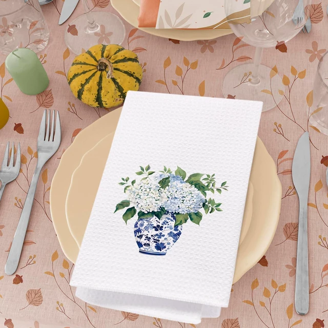 Alt view image 4 of 6 - Blue and white Hydrangea Chinoiserie Kitchen Towels, Blue Floral Dish Towels for Kitchen, Blue and White Hand Towels for Bathroom Kitchen, Chinoiserie Grandmillennial Decor, 16x24 Inch
